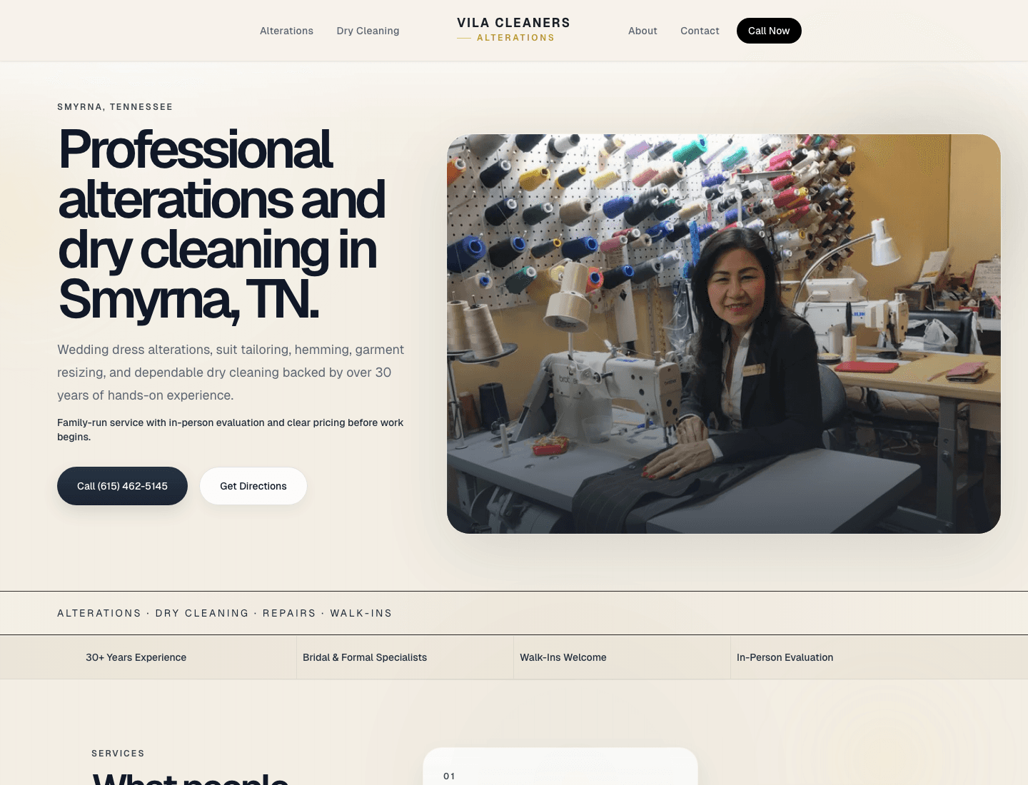 Desktop view of the Vila Cleaners and Alterations website